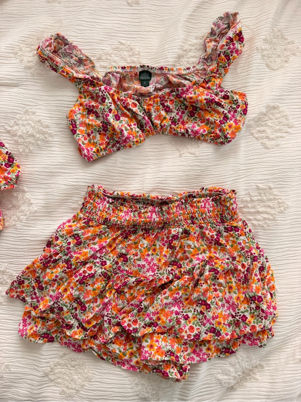 Two-Piece Floral Crop Top & Skirt Set - Pink, Orange, Green